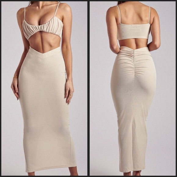 Meshki Jordan Ruched Front V Neck Bralette Crop Top 2 Bundle Set Pink & Stone XS - Picture 3 of 16